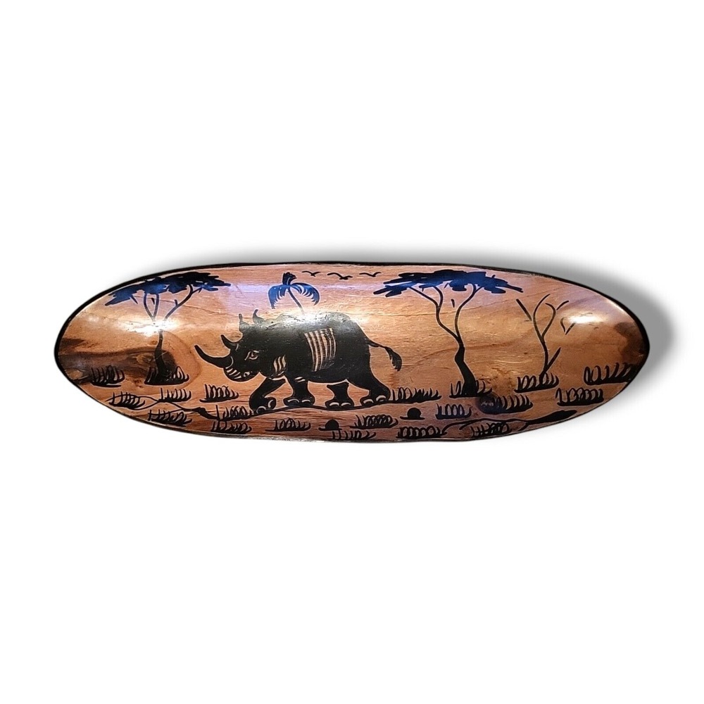 Decorative Wooden Trinket Bowl With Rhinoceros Painting 13x4" Beautiful Conditon